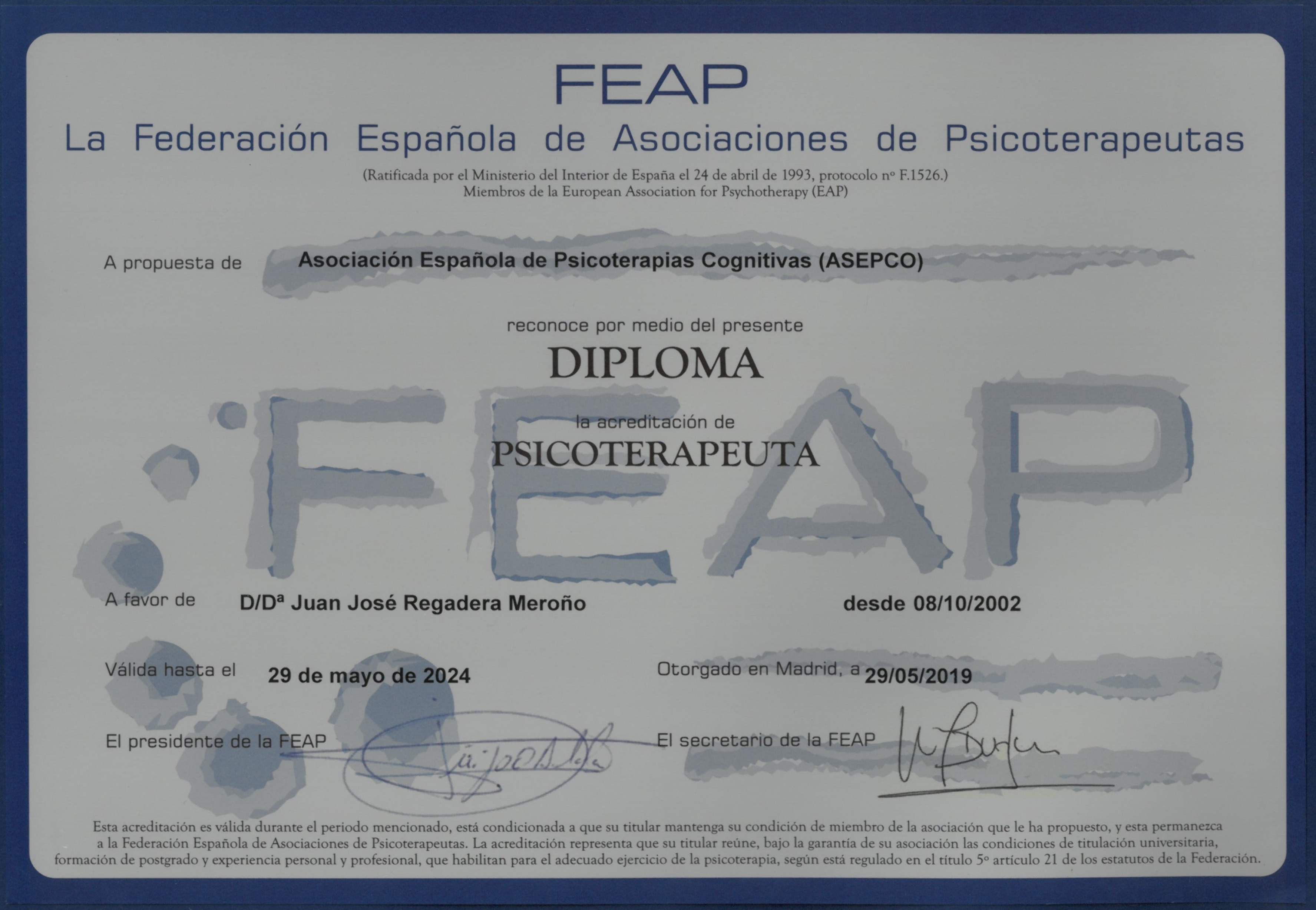 Título Diploma Psicoterapeuta Dr. Juan José Regadera Meroño