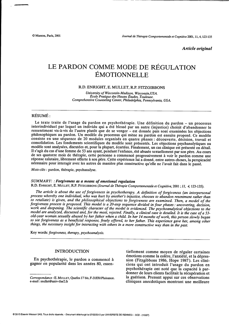 Le pardon comme mode de régulation émotionelle