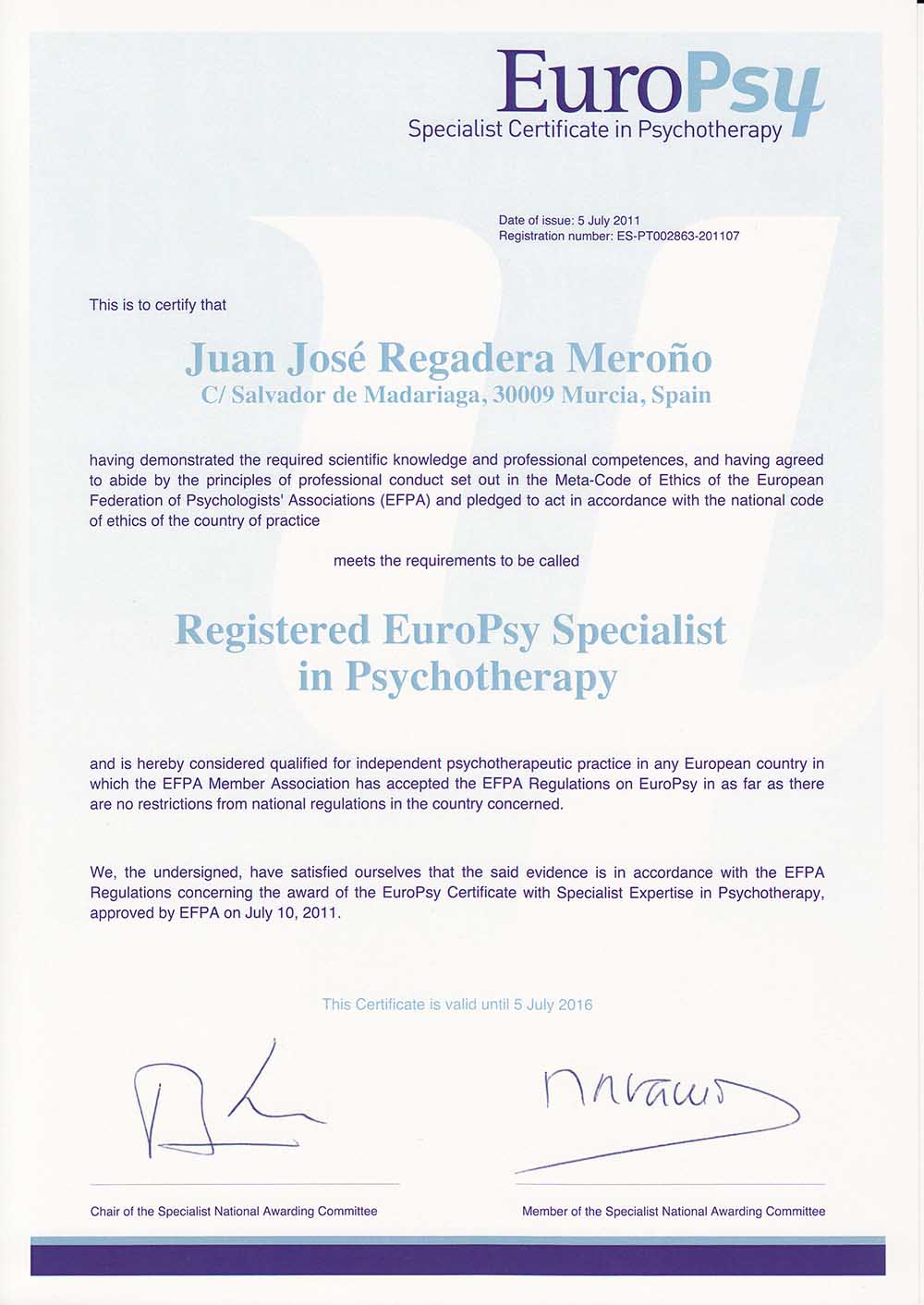 titulo europsy specialist psichoterrapy Dr. Juan José Regadera Meroño